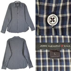 John Varvatos Shirt Long Sleeve Button Down Blue Plaid Men's Size Large L
